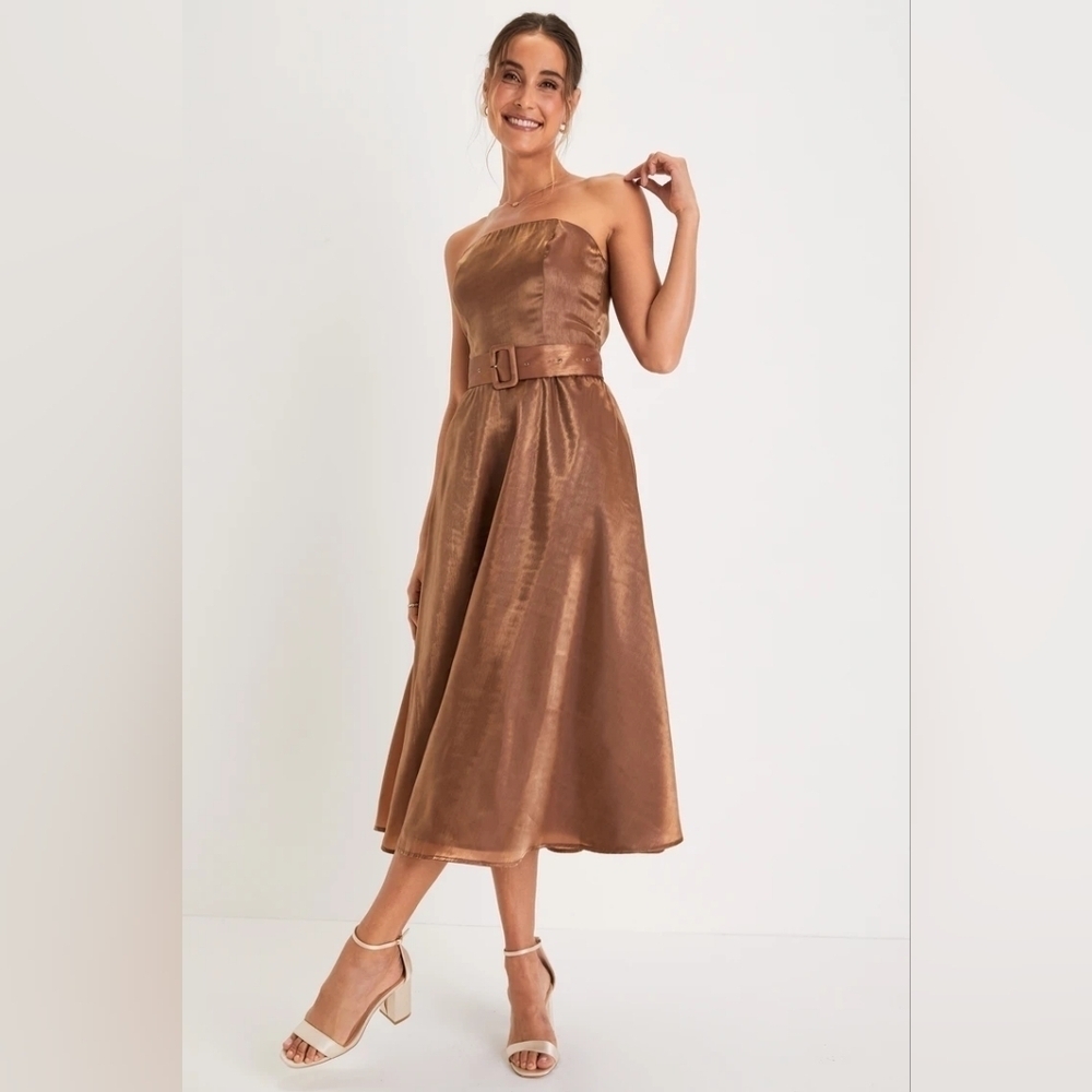 Lulus Chicly Stunning Shiny Brown Strapless Belted Midi Dress XL Wedding Party - Picture 2 of 9